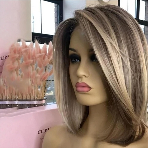 COPY - Side Part Ash Brown Highlight Short Bob Wigs Synthesis Straight Wig - Picture 3 of 4